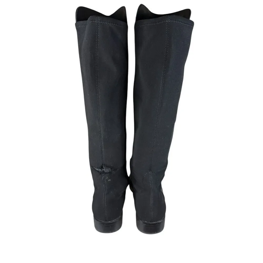 Stuart Weitzman Black Leather Stretch Riding Boots 8B Knee High SW Logo (defect)